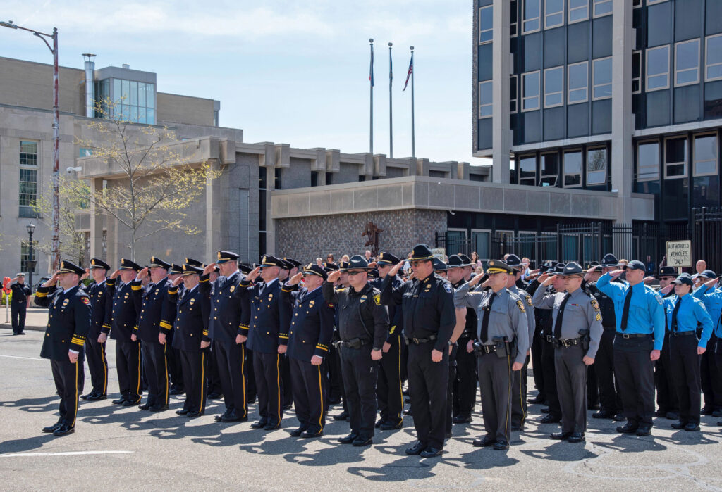 Erie County police officers take part in the annual Police Memorial Service, held on May 11, 2022, at Perry Square West. In the background is the City of Erie administration building. The 2023 event will be held at 11 a.m. on May 17 at the same location. 